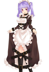 Rule 34 | 1girl, absurdres, character request, collar, dungeons &amp; princess, eyebrows, heart, heart-shaped pupils, highres, long hair, looking at viewer, maid headdress, open mouth, orochi itto, purple eyes, purple hair, simple background, skirt hold, solo, symbol-shaped pupils, twintails, white background