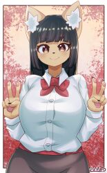 Rule 34 | 1girl, animal ear fluff, animal ears, animal nose, artist name, belt, black hair, black skirt, body fur, breasts, brown eyes, collared shirt, commentary, double v, english commentary, fox ears, fox girl, furry, furry female, highres, komena (ryuusui arumo), large breasts, looking at viewer, original, pawpads, red belt, ryuusui arumo, shirt, skirt, smile, solo, v, v-shaped eyebrows, white shirt