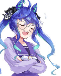Rule 34 | 1girl, ahoge, animal ears, aqua hair, bespectacled, blue hair, bow, closed eyes, commentary request, crossed arms, crossed bangs, glasses, grey-framed eyewear, hair bow, horse ears, horse girl, inuwi (yokose y), light blush, long hair, multicolored hair, open mouth, school uniform, sharp teeth, sidelocks, simple background, solo, striped, striped bow, teeth, tracen school uniform, twin turbo (umamusume), twintails, two-tone hair, umamusume, upper body, upper teeth only, white background