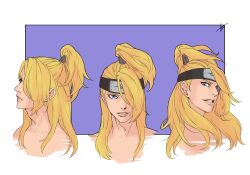 Rule 34 | 1boy, adam&#039;s apple, blonde hair, blue eyes, cropped shoulders, deidara (naruto), forehead protector, iwagakure symbol, long hair, looking at viewer, male focus, naruto (series), naruto shippuuden, one eye covered, parted lips, ponytail, portrait, purple background, signature, smile, solo, third-party source, tttpencil, variations