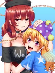 Rule 34 | 2girls, :d, american flag dress, bare shoulders, black shirt, blonde hair, blue background, breasts, chain, cleavage, clothes writing, clownpiece, collar, collarbone, earth (ornament), fairy wings, gold chain, grin, hat, hecatia lapislazuli, highres, jester cap, large breasts, long hair, looking at viewer, moon (ornament), multiple girls, neck ruff, off-shoulder shirt, off shoulder, open mouth, polka dot, purple headwear, red hair, shirt, short sleeves, smile, t-shirt, tatsu toyoyo, teeth, touhou, wings