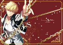 Rule 34 | 1boy, black jacket, blonde hair, chain, comiket 93, commentary request, fate/grand order, fate/stay night, fate (series), gilgamesh (fate), jacket, male focus, natsuko (bluecandy), official alternate costume, open mouth, red eyes, shirt, short hair, smile, solo, toned, white shirt