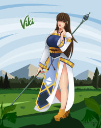 Rule 34 | 1girl, absurdres, breasts, brown hair, dante grapes, gensou suikoden, gensou suikoden ii, green eyes, highres, hime cut, huge breasts, konami, long hair, looking at viewer, outdoors, robe, solo, staff, thick lips, viki (suikoden), wizard