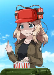 Rule 34 | 10s, beer hat, coca-cola, collarbone, cyber (cyber knight), girls und panzer, hat, kay (girls und panzer), middle finger, military, military uniform, military vehicle, motor vehicle, saunders military uniform, saunders school uniform, school uniform, tank, uniform
