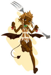 Rule 34 | 1girl, bat wings, brown eyes, chocolate, dark skin, demon tail, fork, full body, katahira masashi, original, personification, pointy ears, smile, tail, wings