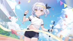 1girl :3 aged_down ahoge artist_request asymmetrical_bangs azur_lane black_bow black_ribbon black_shorts blue_sky blurry blush bow building clenched_hand closed_mouth cloud cloudy_sky confetti cowboy_shot day depth_of_field dolphin_shorts dutch_angle flying_sweatdrops grey_hair gym_shirt gym_shorts gym_uniform hachimaki hair_between_eyes hair_ribbon hairband hand_up headband highres holding light_blush light_smile looking_at_viewer medium_hair midriff navel non-web_source oceana_(azur_lane) official_art outdoors ribbon running school shirt short_shorts short_sleeves shorts side_ponytail siren_(azur_lane) sky smile solo sportswear stadium standing stomach string_of_flags sweat sweatband sweatdrop t-shirt tied_shirt track_and_field v-shaped_eyebrows white_shirt wristband yellow_eyes