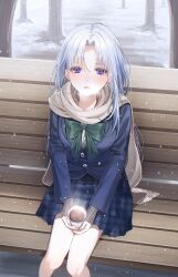 Rule 34 | 1girl, absurdres, bench, black bow, black bowtie, blazer, blue coat, blue eyes, blue hair, blue skirt, blush, bow, bowtie, breasts, breath, brown scarf, coat, coffee, commentary, cup, disposable cup, highres, holding, holding cup, jacket, lapels, light particles, long hair, long sleeves, looking at viewer, medium breasts, nose blush, on bench, open mouth, original, outdoors, park bench, parted bangs, plaid, plaid skirt, pleated skirt, scarf, sinomi, sitting, skirt, sleeves past wrists, snowing, solo, steam, symbol-only commentary