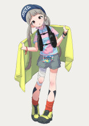 Rule 34 | 1girl, :o, bandages, blue hat, bracelet, brown eyes, character request, collared shirt, commission, female focus, full body, grey background, grey hair, grey shorts, hat, high collar, highres, jewelry, leaning to the side, looking at viewer, loose socks, multicolored shirt, nakamori kemuri, red socks, sayonara ponytail, shirt, shoes, shorts, simple background, socks, solo, tareme, twintails, vest