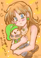 Rule 34 | 1girl, 73kou33, absurdres, annoyed, blue eyes, blush, brown hair, character doll, doll, earrings, facial hair, flower earrings, frown, hat, highres, holding, hug, japanese text, jewelry, looking at viewer, luigi, mario (series), mustache, nintendo, princess daisy, super mario bros. 1, super mario land, tomboy, translation request, upper body