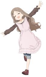 Rule 34 | 1girl, aoba kokona, braid, braided bangs, brown shirt, closed eyes, denim, dress, facing viewer, frilled dress, frilled sleeves, frills, full body, happy, highres, jeans, kona ming, light blush, light brown hair, long hair, long sleeves, medium dress, open mouth, outstretched arms, pants, pants rolled up, pants under dress, pink dress, puffy long sleeves, puffy sleeves, running, shirt, simple background, sleeveless, sleeveless dress, smile, solo, wavy hair, white background, yama no susume