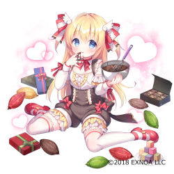 Rule 34 | + +, 1girl, :p, bare shoulders, black shorts, blonde hair, blue eyes, blush, bow, bowl, box, character request, chocolate, chocolate on hand, closed mouth, commentary request, detached sleeves, food on hand, gemini seed, gift, gift box, hair between eyes, heart, highres, holding, holding bowl, long hair, long sleeves, mixing bowl, plate, puffy long sleeves, puffy shorts, puffy sleeves, red bow, shirt, short shorts, shorts, sitting, smile, solo, thighhighs, tongue, tongue out, two side up, usashiro mani, very long hair, wariza, whisk, white background, white shirt, white sleeves, white thighhighs