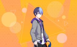 Rule 34 | 1boy, aoyagi touya, blue hair, circle, closed mouth, colorful palette, cowboy shot, dark blue hair, dot nose, fingernails, grey eyes, hair between eyes, headphones, highres, holding, holding headphones, hood, hood down, jacket, jewelry, long sleeves, looking at viewer, male focus, mole, mole under eye, multicolored hair, necklace, official art, open clothes, open jacket, project sekai, purple hood, solo, split-color hair, third-party source, triangle, two-tone hair, zipper