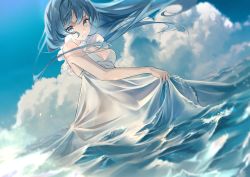 Rule 34 | 1girl, bare shoulders, breasts, cloud, didtldms0312, dress, green eyes, green hair, hair lift, hatsune miku, highres, holding, holding clothes, holding dress, long hair, looking at viewer, ocean, sky, sleeveless, smile, standing, vocaloid, waving, white dress
