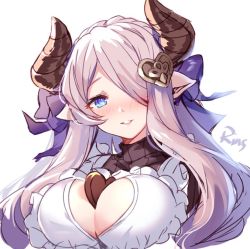 Rule 34 | 1girl, aki663, apron, between breasts, blue eyes, blush, bow, breasts, candy, chocolate, chocolate heart, cleavage, cleavage cutout, clothing cutout, draph, food, frilled apron, frills, granblue fantasy, hair bow, hair ornament, hair over one eye, hair ribbon, heart, heart cutout, heart hair ornament, horns, large breasts, light purple hair, long hair, looking at viewer, narmaya (granblue fantasy), narmaya (valentine) (granblue fantasy), parted lips, pointy ears, purple bow, purple ribbon, ribbed sweater, ribbon, sketch, smile, solo, sweater, turtleneck, turtleneck sweater, upper body, white apron