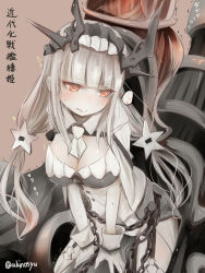 Rule 34 | 1girl, abyssal ship, akino shuu, blush, breasts, brown background, chain, character name, cleavage, closed mouth, colored skin, garter straps, gloves, headdress, kantai collection, large breasts, leotard, long hair, low twintails, modernized battleship princess, orange eyes, pale skin, simple background, solo, thighhighs, twintails, white gloves, white hair, white leotard, white skin, white thighhighs