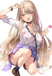 Rule 34 | 1girl, black choker, blue eyes, bracelet, breasts, brown hair, candy, choker, clothes around waist, collared shirt, food, gyaru, highres, holding, holding candy, holding food, holding lollipop, jacket, jacket around waist, jewelry, large breasts, lollipop, long hair, long sleeves, looking at viewer, necktie, open mouth, original, oryo (oryo04), shirt, shoes, simple background, skirt, smile, socks, solo, squatting, v, white background, white shirt