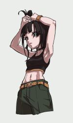 Rule 34 | 1girl, armpits, arms up, bare shoulders, belt, black hair, black tank top, blue eyes, breasts, choker, crop top, cropped legs, from below, from side, gaako illust, green pants, highres, looking at viewer, midriff, original, pants, parted lips, short hair, sideways glance, simple background, sleeveless, solo, tank top, toned, tying hair, white background, wristband