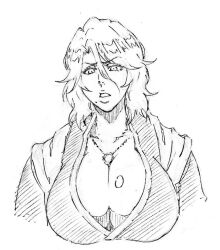 1girl bleach breasts hair_between_eyes huge_breasts japanese_clothes jewelry kimono large_breasts long_hair_between_eyes matsumoto_rangiku medium_hair mole mole_under_mouth monochrome necklace parted_lips rakusakugk sketch solo upper_body white_background