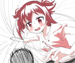 Rule 34 | 1girl, :d, ball, blush, holding, looking at viewer, monochrome, open mouth, paddle, red eyes, red hair, red theme, shakunetsu no takkyuu musume, short sleeves, sincos, smile, solo, table tennis ball, table tennis paddle, teeth, tsumujikaze koyori, twintails, upper teeth only