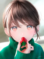 Rule 34 | 1girl, blurry, blurry background, brown hair, eating, food, fruit, green sweater, hand up, highres, holding, holding food, long hair, long sleeves, looking at viewer, ojay tkym, original, pink eyes, solo, strawberry, sweater, turtleneck, turtleneck sweater
