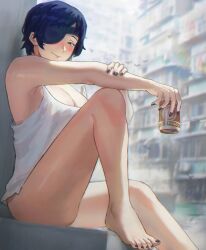 Rule 34 | 1girl, beer can, black hair, black nails, blurry, blurry background, blush, breasts, can, chainsaw man, cleavage, drink can, emknov, eyepatch, highres, himeno (chainsaw man), large breasts, looking at viewer, nail polish, short hair, smile, solo, tank top, white tank top