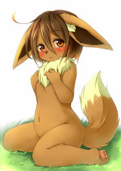 Rule 34 | 1girl, :&lt;, ahoge, animal ears, bad id, bad nicoseiga id, barefoot, blush, brown eyes, brown hair, creatures (company), eevee, feet, furry, furry female, game freak, gen 1 pokemon, grass, grasshopper (battle garegga), kagerofu, looking at viewer, nature, nintendo, nude, outdoors, pawpads, personification, pokemon, short hair, simple background, sitting, soles, solo, tail, toes, wariza, white background