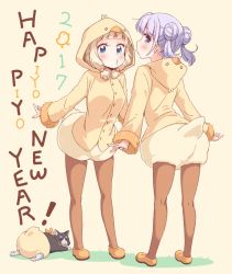 Rule 34 | 2017, 2girls, animal, animal costume, animal hood, blonde hair, blue eyes, cat, chick costume, chicken costume, chinese zodiac, cosplay, double bun, from behind, full body, fur-trimmed sleeves, fur trim, hair bobbles, hair bun, hair ornament, happy new year, highres, hood, hood down, hoodie, kneepits, legs, long sleeves, looking at viewer, looking back, low twintails, mozuku (new game!), multiple girls, new game!, new year, o3o, pantyhose, purple eyes, purple hair, sakura nene, short twintails, simple background, single hair bun, spread fingers, standing, suzukaze aoba, tokunou shoutarou, twintails, year of the rooster, yellow background