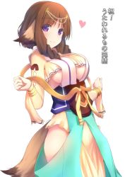 Rule 34 | 1girl, animal ears, breasts, brown hair, character request, cleavage cutout, clothing cutout, cowboy shot, cuon (kuon), dog ears, dog tail, dress, drill hair, eyebrows, fumirul, large breasts, purple eyes, side cutout, simple background, solo, standing, tail, text focus, translated, underboob, utawarerumono, utawarerumono: futari no hakuoro, white background