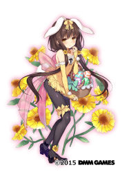 Rule 34 | 1girl, animal ears, bare shoulders, basket, black footwear, black pantyhose, blunt bangs, blush, bow, bridal garter, brown hair, crying, crying with eyes open, detached collar, detached sleeves, easter, easter egg, egg, embarrassed, flower, flower knight girl, full body, hair bow, hair flower, hair ornament, helenium (flower knight girl), highres, long hair, long sleeves, looking at viewer, low twintails, name connection, object namesake, official art, pantyhose, pom pom (clothes), rabbit ears, raised eyebrows, shiny clothes, shoes, sleeves past wrists, solo, standing, sugimeno, teardrop, tears, twintails, very long hair, yellow bow, yellow eyes