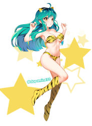 Rule 34 | 1girl, animal print, boots, breasts, cleavage, commentary, dopamine70, full body, green hair, highres, horns, long hair, looking at viewer, lum, medium breasts, simple background, solo, star (symbol), tiger print, twitter username, urusei yatsura, white background