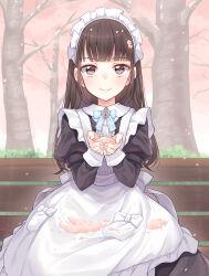 Rule 34 | 1girl, absurdres, apron, bench, black hair, brown eyes, cherry blossoms, dress, flower, hair ornament, highres, ina (inadahime), long hair, long sleeves, looking at viewer, maid, maid apron, maid headdress, original, outdoors, petals, sitting, smile, solo, tree