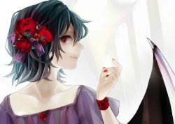 Rule 34 | 1girl, bad id, bad pixiv id, bat wings, blue hair, dress, female focus, flower, loalo, nail polish, red eyes, red nails, remilia scarlet, solo, touhou, wings