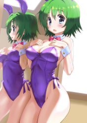 Rule 34 | 00s, 1girl, animal ears, bare shoulders, blue eyes, blush, bow, bowtie, breasts, cleavage, comic party, covered navel, detached collar, eyebrows, fake animal ears, green hair, hands on own chest, highres, leotard, looking at viewer, md5 mismatch, minawa (hemo), mirror, ooba eimi, open mouth, pantyhose, playboy bunny, rabbit ears, rabbit tail, reflection, short hair, solo, standing, tail, wrist cuffs