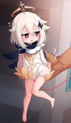 Rule 34 | 1boy, 1girl, absurdres, barefoot, black scarf, blurry, blurry background, blush, dress, genshin impact, groping, halo, highres, in palm, mochikushi, open mouth, paimon (genshin impact), scarf, tiny, translation request, white dress, white hair, white scarf