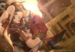 Rule 34 | 1boy, 1girl, arsene lupin (code:realize), artist name, bow, brown bow, brown eyes, brown hair, cardia beckford, code:realize, dutch angle, eye contact, gears, green eyes, hat, hat bow, hat ornament, hetero, llerose32, long hair, looking at another, outdoors, standing, white hat