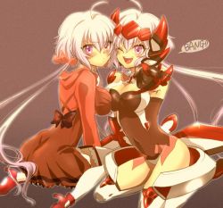 Rule 34 | 10s, 2girls, ;d, bodysuit, breasts, cleavage, dress, dual persona, english text, gun, hair ornament, headphones, high heels, long hair, looking at viewer, multiple girls, one eye closed, open mouth, purple eyes, red dress, ribbon, senki zesshou symphogear, shoes, silver hair, smile, thighhighs, trd, twintails, weapon, white legwear, yukine chris