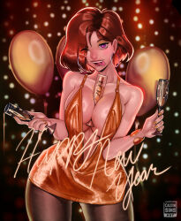 Rule 34 | 1girl, ;p, alcohol, balloon, between breasts, black pantyhose, breasts, breasts squeezed together, brown hair, calvin sims, champagne, champagne flute, cocktail dress, collarbone, commentary, covered erect nipples, cup, dress, drinking glass, drunk, earrings, english commentary, eyes visible through hair, fang, fingernails, gluteal fold, gold dress, gold nails, hair over one eye, happy new year, highres, holding, holding cup, hoop earrings, jewelry, large breasts, looking at viewer, nail polish, new year, no bra, nose, one eye closed, original, pantyhose, plunging neckline, purple eyes, short dress, short hair, side slit, solo, spilling, standing, teeth, tongue, tongue out, upper teeth only, w arms