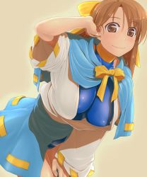 Rule 34 | 1girl, adjusting hair, arm support, bow, breasts, brown eyes, brown hair, caplet, covered erect nipples, hair bow, tucking hair, highres, himizuki kazusa, impossible clothes, impossible leotard, large breasts, leaning forward, leotard, long hair, looking at viewer, smile, solo, trisha foster, yuukyuu gensoukyoku