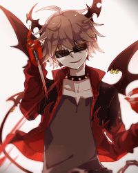 Rule 34 | 1boy, ahoge, arm up, bat wings, blood, bloody weapon, brown hair, brown shirt, chain, collar, collarbone, dagger, demon boy, demon tail, emalf (funamusea), fingernails, funamusea, glasses, gradient background, haiiro teien, head wings, holding, holding weapon, horns, jacket, jewelry, knife, long sleeves, looking at viewer, male focus, multicolored background, n.u.owen, ring, sharp fingernails, shirt, smile, smirk, solo, spiked collar, spikes, sunglasses, tail, two-tone background, upper body, weapon, wings, yellow eyes