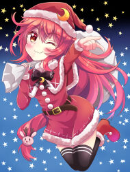Rule 34 | 1girl, belt, black belt, black bow, black bowtie, black thighhighs, blush, boots, bow, bowtie, capelet, christmas, closed mouth, crescent, crescent hat ornament, full body, hair between eyes, hair ornament, hat, hat ornament, holding, holding sack, kantai collection, long hair, long sleeves, one eye closed, pink hair, pom pom (clothes), rabbit hair ornament, red capelet, red eyes, red footwear, red hat, sack, santa costume, santa hat, sills, smile, solo, star (symbol), thighhighs, uzuki (kancolle), very long hair