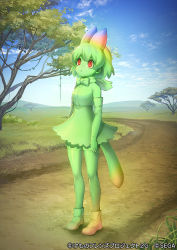 Rule 34 | 1girl, animal ears, bare shoulders, blonde hair, blue sky, bow, bowtie, cellval, colored skin, commentary request, ctake02, dirt road, elbow gloves, gloves, grass, green bow, green bowtie, green gloves, green hair, green shirt, green skin, green skirt, green thighhighs, high-waist skirt, kemono friends, kemono friends 3, multicolored hair, official art, red eyes, ringed eyes, road, serval tail, shirt, short hair, skirt, sky, sleeveless, solo, tail, thighhighs, tree, zettai ryouiki
