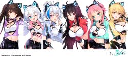 Rule 34 | 6+girls, :d, ;d, absurdres, ahoge, animal ear headphones, animal ears, aqua jacket, ass, axent wear, bent over, black choker, black hair, black shorts, blonde hair, breasts, brown hair, cat ear headphones, cat ears, chii aruel, choker, cleavage, closed mouth, crop top, cropped jacket, ephnel, fake animal ears, finger gun, green eyes, hand on own hip, hand on own thigh, hand up, haru estia, headphones, highleg, highres, iris yuma, jacket, large breasts, latex, latex shorts, leg up, lily bloomerchen, long hair, long sleeves, looking at viewer, looking back, low twintails, medium breasts, medium hair, midriff, multicolored hair, multiple girls, navel, official art, one eye closed, open clothes, open jacket, open mouth, orange eyes, pink hair, pink jacket, ponytail, purple jacket, red eyes, red jacket, sankyaku tako, shirt, short shorts, shorts, skin tight, skindentation, small breasts, smile, soulworker, stella unibell, stomach, strap, streaked hair, thighs, tongue, tongue out, twintails, undershirt, v, v-shaped eyebrows, very long hair, white hair, white jacket, white shirt, wristband, yellow jacket