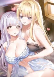 Rule 34 | 2girls, arm between breasts, assault lily, babydoll, bare arms, bare shoulders, bed, between breasts, black babydoll, blonde hair, blunt bangs, blurry, blurry background, blush, bottomless, breasts, cleavage, collarbone, commentary request, convenient leg, frilled babydoll, frills, grey babydoll, grey hair, heart, highres, houji tea latte, indoors, kon kanaho, lace-trimmed babydoll, lace trim, large breasts, light particles, long hair, looking at viewer, lying, miyagawa takane, multiple girls, navel, on bed, on side, parted lips, purple eyes, side-by-side, sidelocks, smile, solo, stomach, strapless, underwear, underwear only, very long hair, window, yellow eyes, yuri