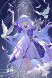 Rule 34 | 1girl, aqua eyes, arm up, asymmetrical gloves, bare shoulders, bird, bracelet, character name, dated, detached sleeves, dress, earrings, falling feathers, feathers, gloves, hair between eyes, halo, head wings, highres, holding, holding staff, honkai: star rail, honkai (series), jewelry, lin zhi mao, long hair, looking at viewer, parted lips, purple dress, robin (honkai: star rail), short sleeves, smile, solo, staff, standing, two-tone dress, uneven gloves, white dress, white gloves, white wings, wings