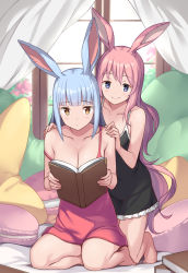 Rule 34 | 2girls, animal ears, bare shoulders, barefoot, bed, black dress, blue hair, blunt bangs, book, breasts, brown eyes, canopy bed, cleavage, collarbone, commentary, day, dress, frilled dress, frills, hands on another&#039;s shoulders, highres, holding, holding book, indoors, kneeling, large breasts, long hair, macaron-shaped pillow, multiple girls, open book, original, pink dress, pink hair, purple eyes, rabbit ears, saiste, sitting, sleeveless, sleeveless dress, smile, strap slip, wavy mouth, window