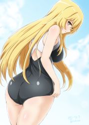 Rule 34 | + +, 1girl, 2020, 20s, ass, black one-piece swimsuit, blonde hair, blue sky, breasts, brown eyes, cloud, commentary request, competition swimsuit, cowboy shot, diesel-turbo, from behind, highres, large breasts, long hair, looking at viewer, looking back, matching hair/eyes, one-piece swimsuit, school swimsuit, shokuhou misaki, sky, solo, standing, swimsuit, toaru kagaku no railgun, toaru majutsu no index, tokiwadai school swimsuit