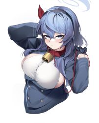 Rule 34 | 1girl, ako (blue archive), arm behind head, bell, black gloves, black hairband, blue archive, blue eyes, blue hair, blush, breasts, buttons, collar, cropped torso, gloves, hair between eyes, hairband, half gloves, halo, highres, large breasts, leash, long sleeves, looking at viewer, neck bell, nine (kanine41), sideboob, simple background, solo, upper body, white background