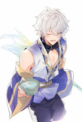 Rule 34 | 1boy, bare shoulders, black pants, bowl, chinese commentary, cleavage cutout, clothing cutout, commentary request, crossed bangs, detached sleeves, earrings, ensemble stars!, grey hair, hair between eyes, highres, holding, holding bowl, jewelry, looking at viewer, male focus, ogami koga, one eye closed, open mouth, pants, purple shirt, shirt, short hair, simple background, smile, solo, standing, tassel, tassel earrings, water, white background, wide sleeves, yellow eyes, yusa (yusa0751)