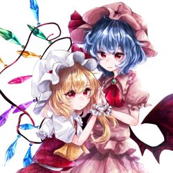 Rule 34 | 2girls, aqua brooch, ascot, bat wings, blonde hair, blue hair, brooch, collared shirt, cowboy shot, crystal, flandre scarlet, frilled shirt, frilled shirt collar, frilled sleeves, frills, hat, hat ribbon, holding hands, interlocked fingers, jewelry, kuromame1025, looking at another, medium hair, mob cap, multicolored wings, multiple girls, pink headwear, pink shirt, pink skirt, puffy short sleeves, puffy sleeves, red ascot, red eyes, red ribbon, red skirt, red vest, remilia scarlet, ribbon, ribbon-trimmed headwear, ribbon trim, shirt, short sleeves, siblings, simple background, sisters, skirt, touhou, vest, white background, white headwear, white shirt, wings, yellow ascot