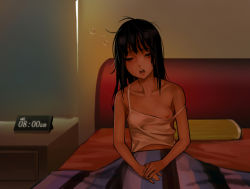 Rule 34 | 1girl, alarm clock, as109, bare shoulders, black hair, breasts, camisole, clock, collarbone, covered erect nipples, drooling, closed eyes, game cg, indoors, long hair, messy hair, nipples, non-web source, one breast out, open mouth, shoujo to ura roji, sleepy, small breasts, solo, strap slip, tears